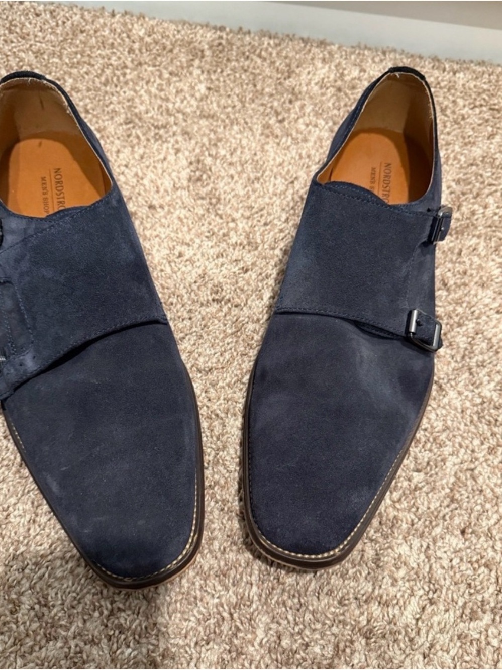 Like New! Nordstrom Men's Navy Suede Double Monk Strap Loafers - Elegant!